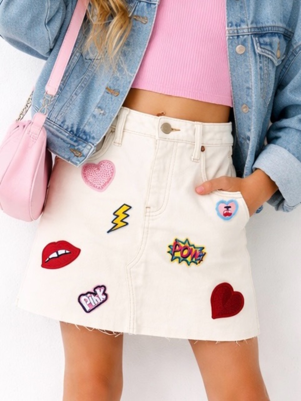GB Girls Denim Skirt Size 12 Cream Pop Art Patches Hearts Lips Frayed Hem NWT